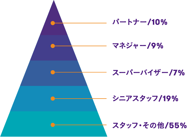 パートナー10%、マネジャー9%、スーパーバイザー7%、シニアスタッフ19%、スタッフ・その他55%